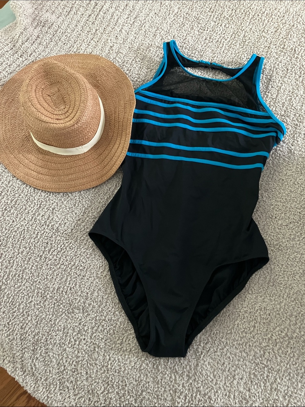 Black Swimsuit with sheer neck and blue lines